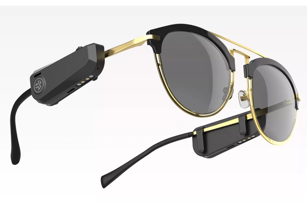 The JBuds Frames clip onto any sunglasses or eyeglasses and direct audio to the wearer's ears