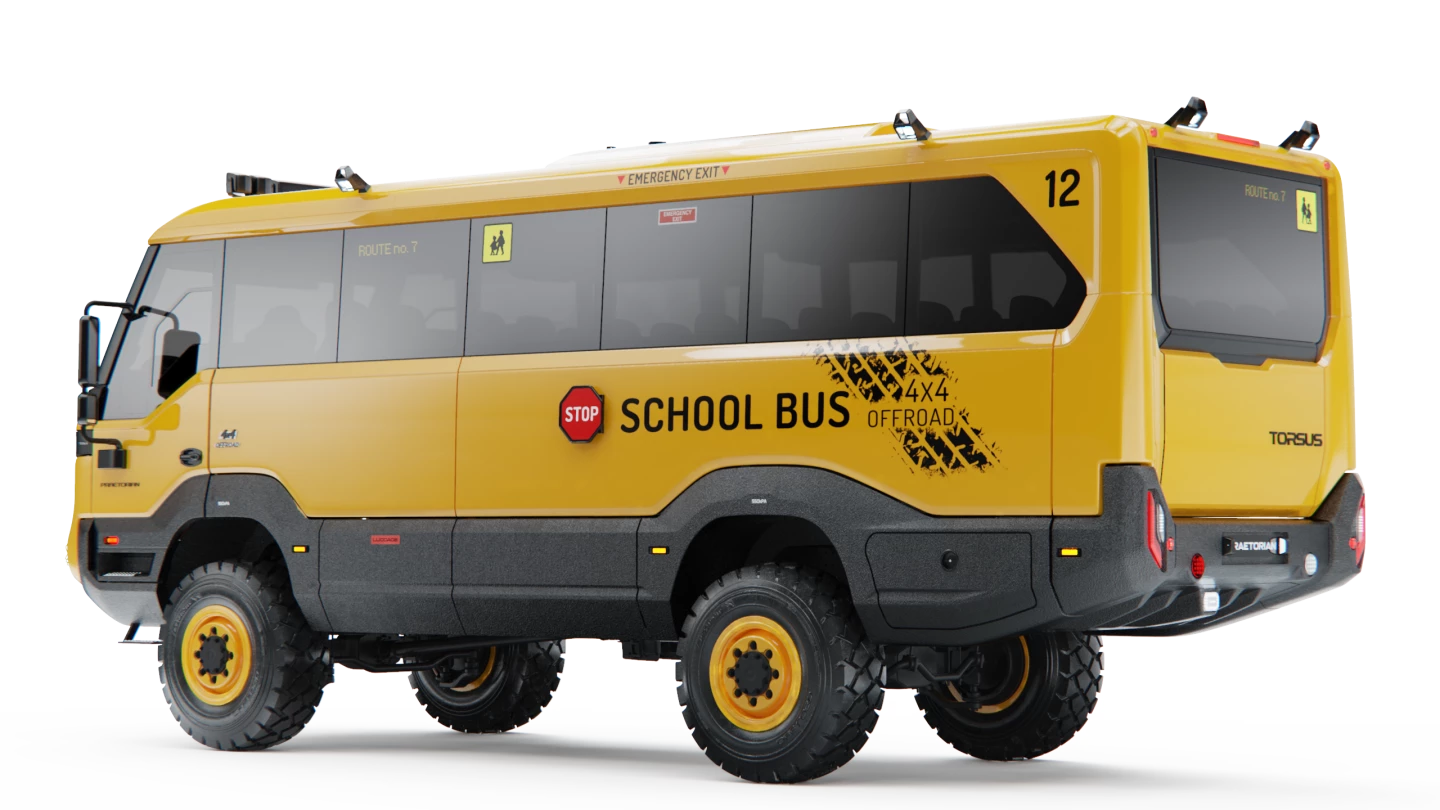 When local routes are unpaved or hit hard with weather, the Torsus Praetorian school bus pushes onward to make it in ahead of first bell
