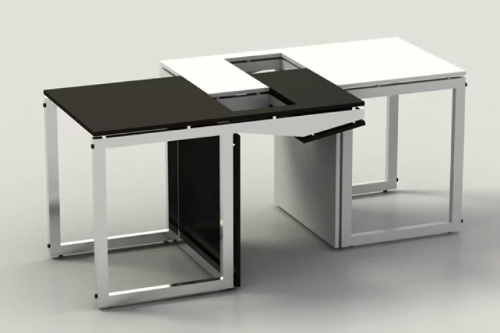 Sensei as seen at the moment the two chairs are slotted together to form a coffee table