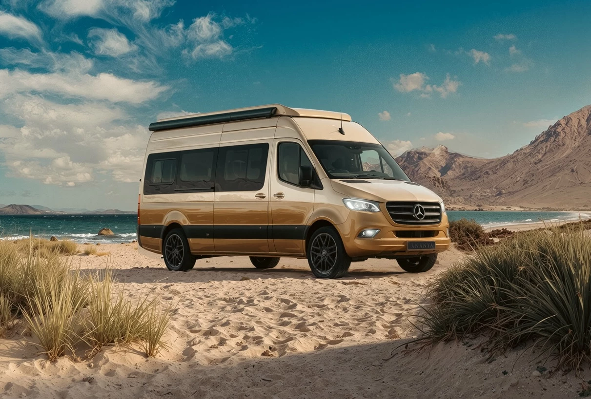 An initial look at the 697-cm Sprinter-based Ananya exterior with a compelling dual-tone paint job