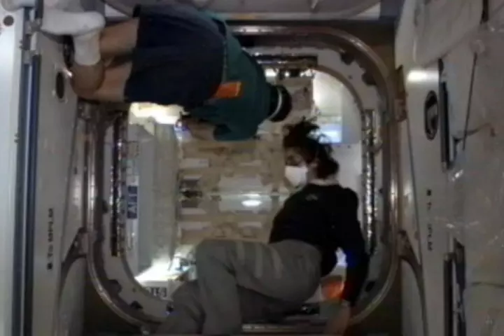 The ISS crew looking inside the Dragon capsule (Photo: NASA)