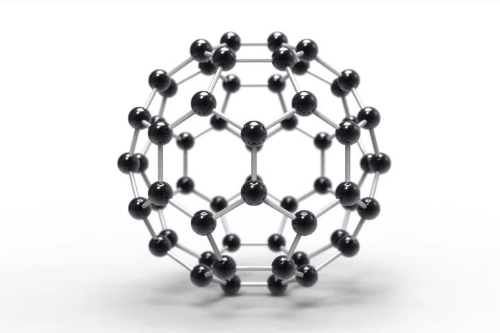 A molecular model of a buckyball, which researchers have now crushed into a new ultrahard diamond glass