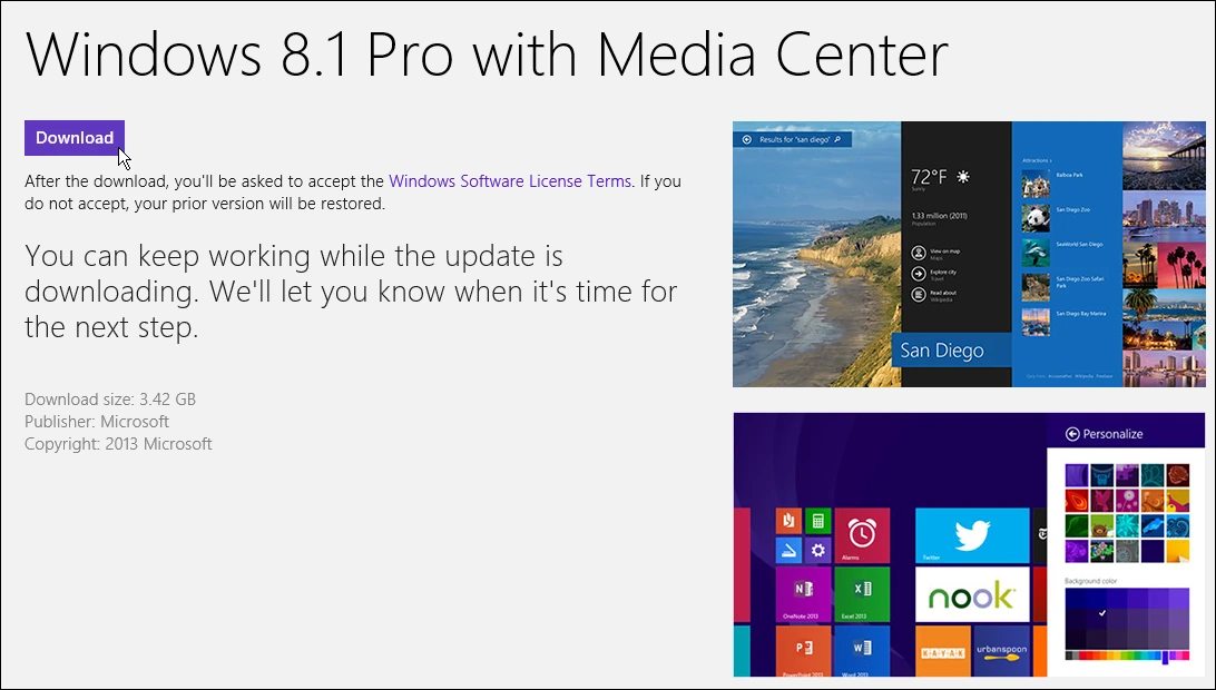 A preview of the changes in Windows 8.1 are displayed before you install