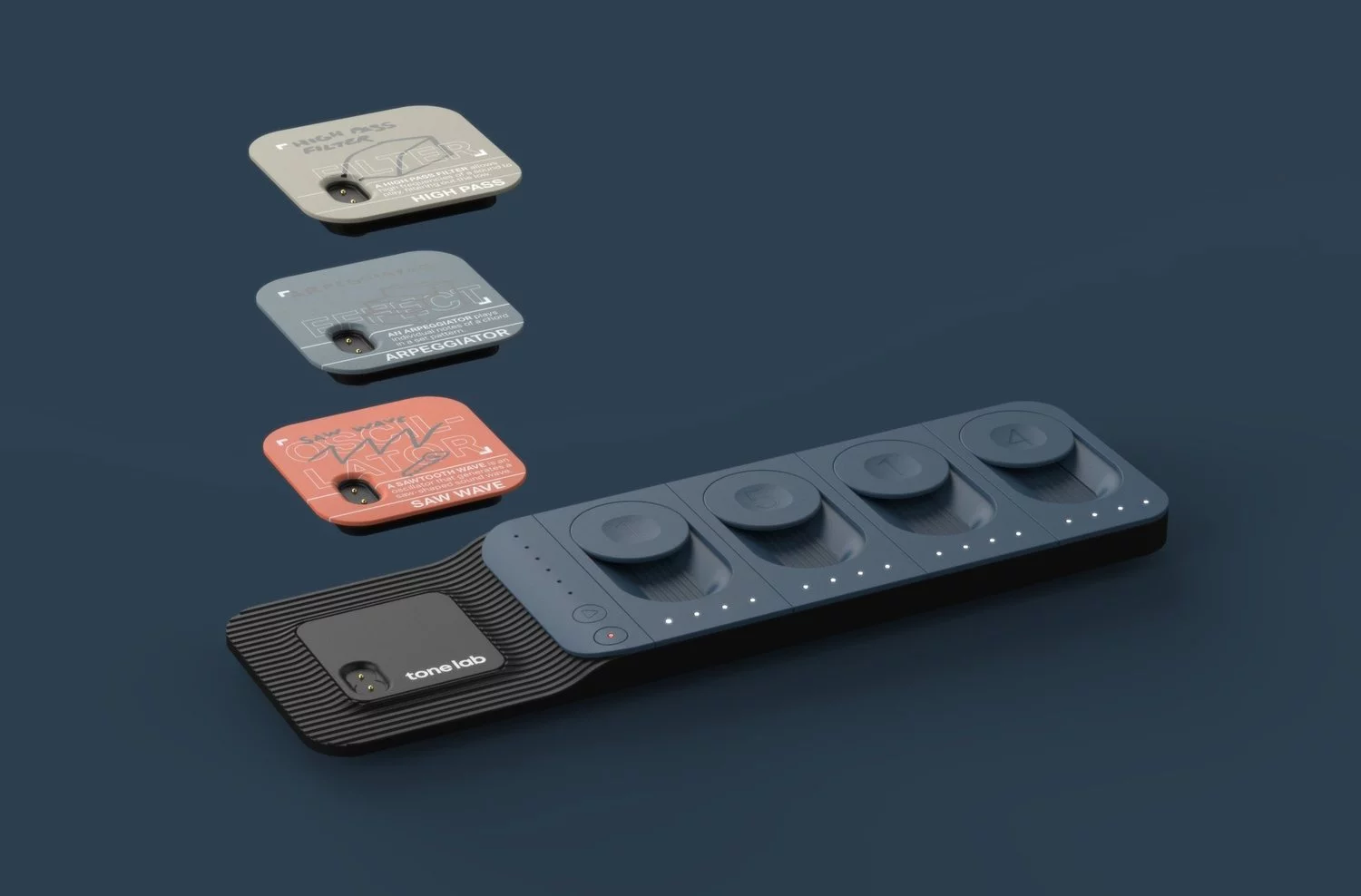 Sound generator modules include effects like reverb and delay, sine/square/sawtooth wave oscillators and filters, and arpeggiators