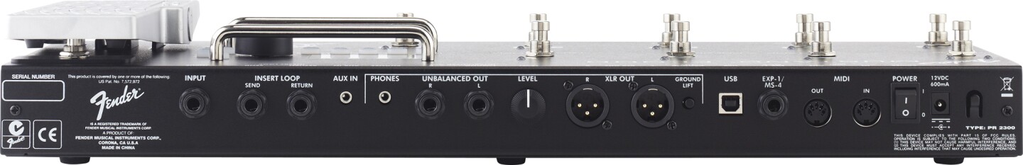 The rear of the Mustang Floor, showing the connectivity options - including one 0.25-inch input jack for the instrument, a send and return loop, MIDI in/out, and two XLR and two 0.25-inch outputs