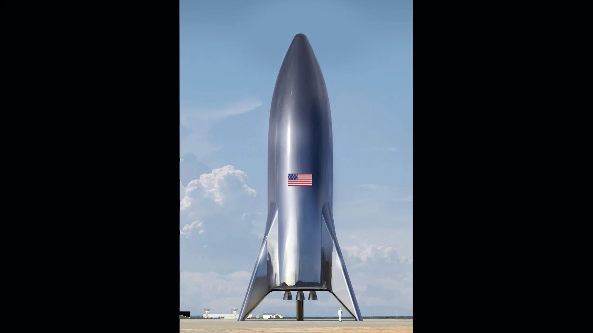 The assembled SpaceX Starship test vehicle doesn't look quite as smooth and shiny as this render from Elon Musk, but its retro futuristic look is the same