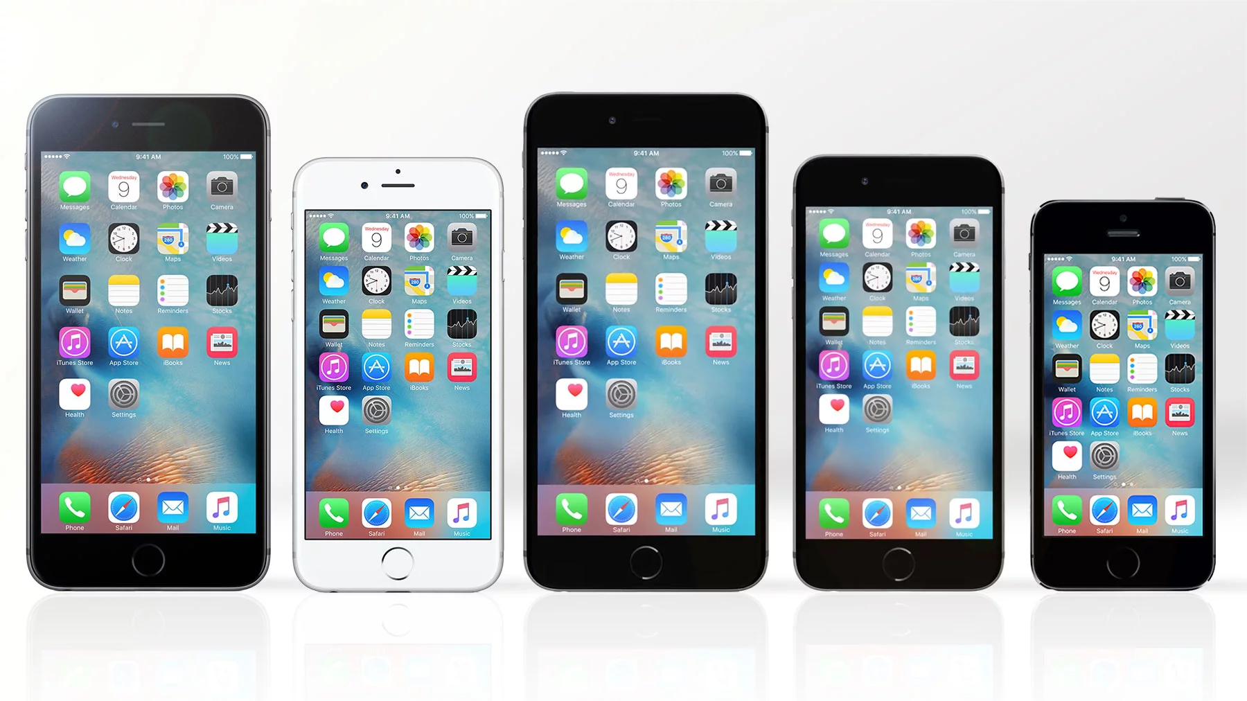Gizmag compares the features and specs of the five iPhones Apple is now selling (from left to right): iPhone 6s Plus, iPhone 6s, iPhone 6 Plus, iPhone 6 and iPhone 5s