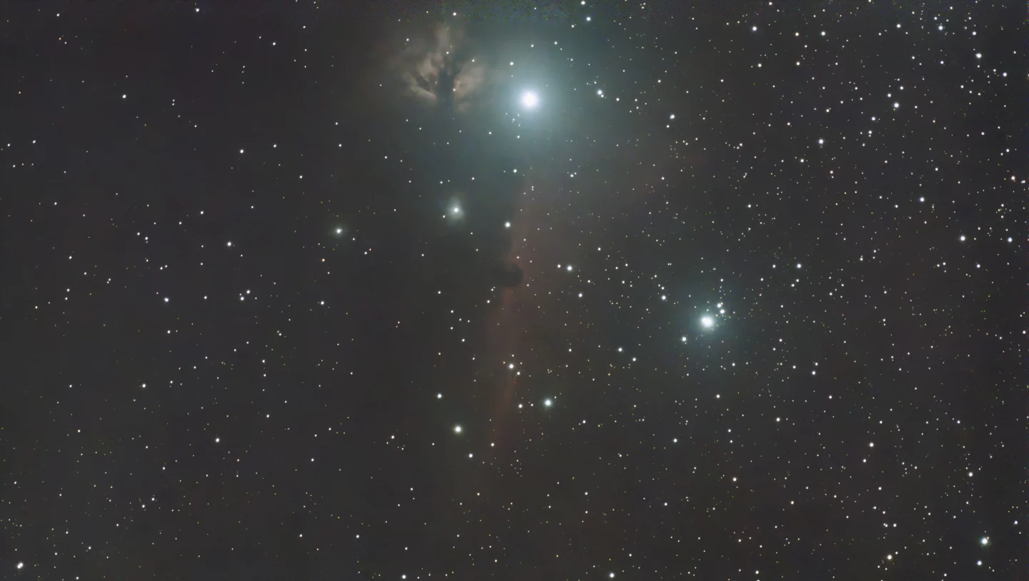 Stacked image of the Horsehead Nebula - shutter 30, gain 60, stack count 50 (image straight from Dwarf III, not edited)