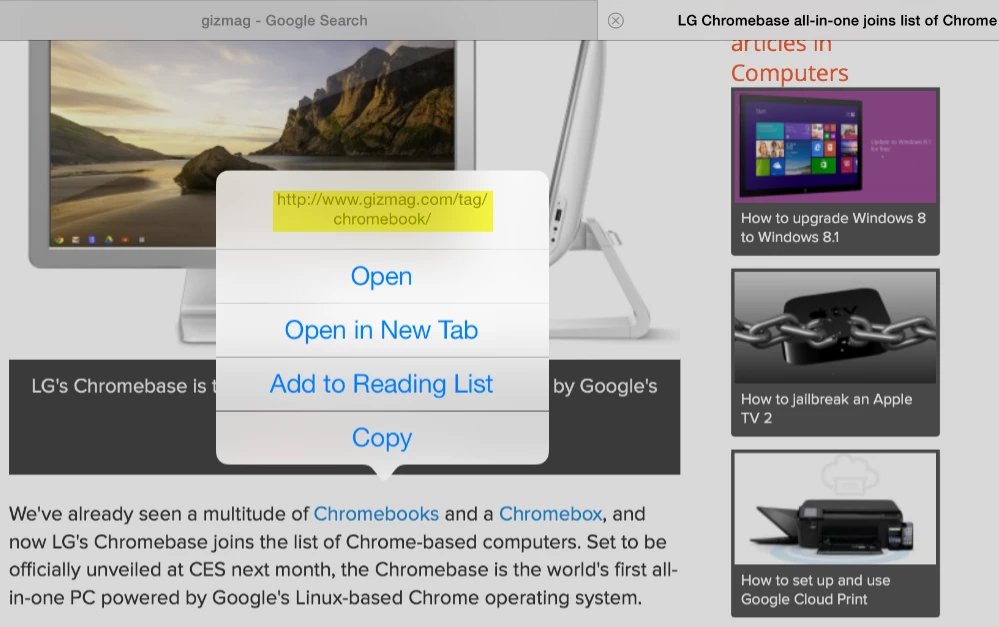 Press and hold a link to see the full URL