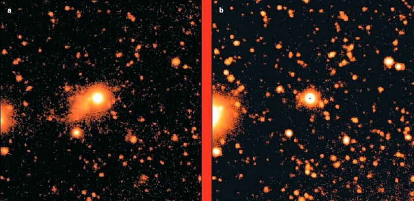 On the left appears the region surrounding quasar UM 287 as seen in redshifted Lyman-alpha hydrogen radiation, on the right is the same region as seen in a broad spectrum of light not including the Lyman-alpha radiation (Photo: arXiv.org)
