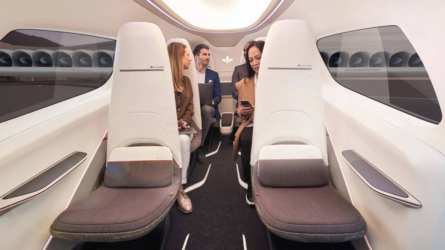A full-sized model of the Lilium cabin shows the spacious six-passenger layout