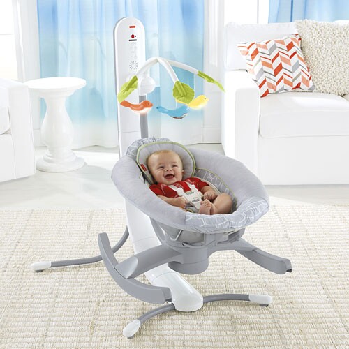 The actual cradle itself can be manually rotated 90 degrees relative to the rest of the setup, allowing babies to be rocked either from side to side or head to toe