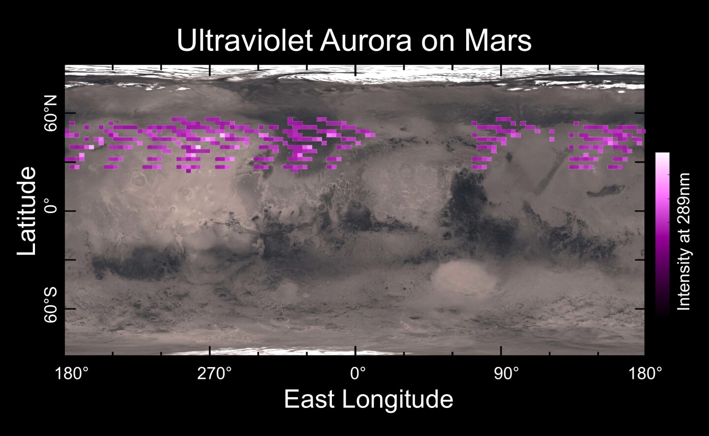 Map of MAVEN's Ultraviolet Spectrograph’s auroral detections in December 2014, showing widespread aurora in the northern hemisphere (Image: CU/LASP)