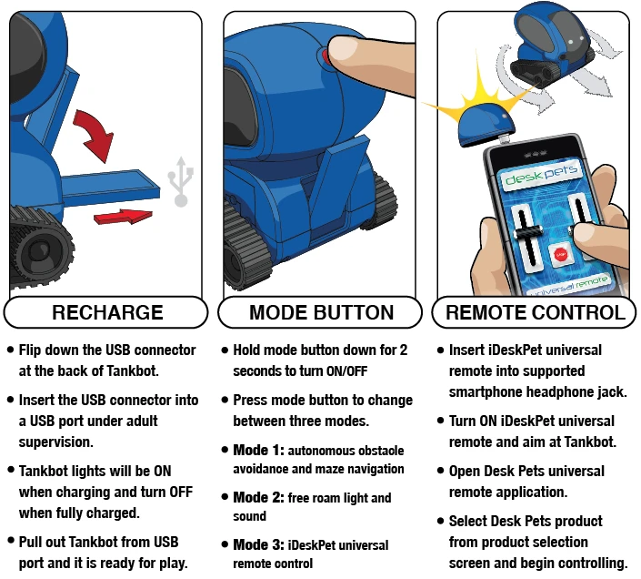 There are three TankBot's modes available including autonomous obstacle avoidance and maze navigation, free roam and remote control