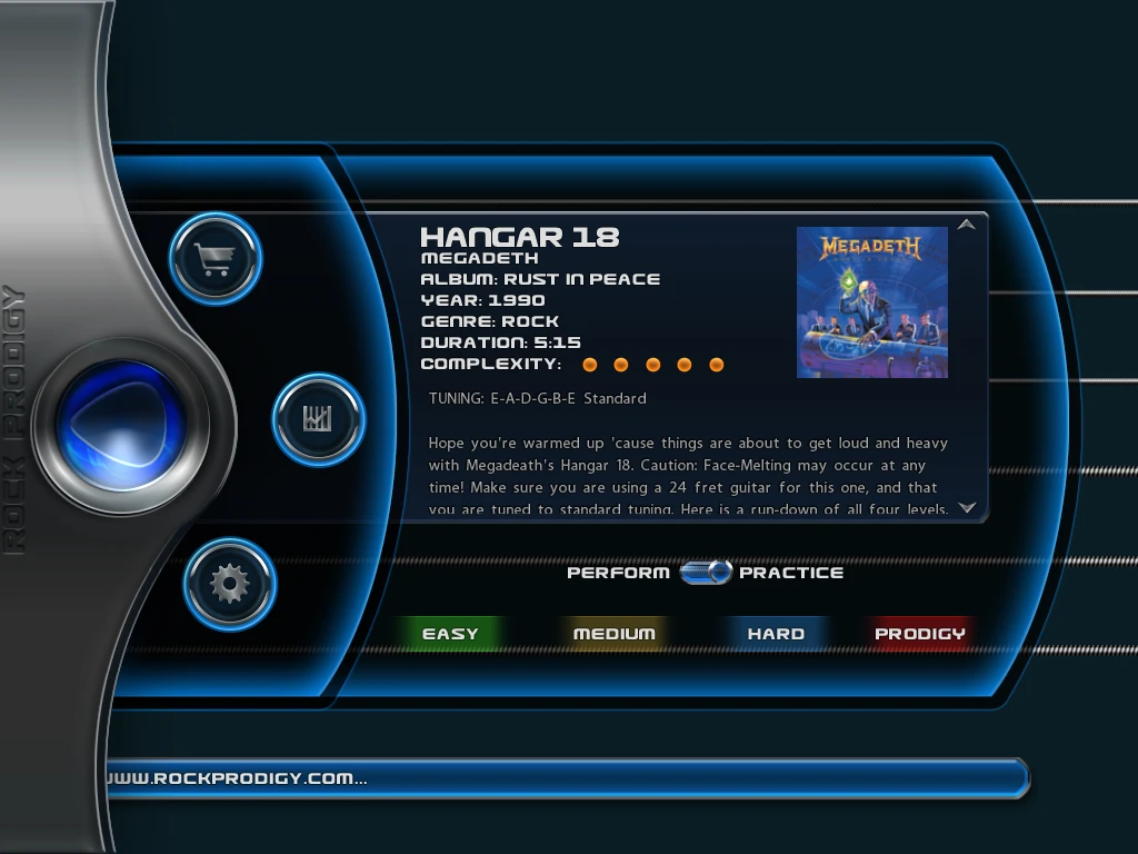 Players can choose between perform and practice modes, and then from four levels of play