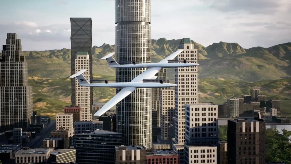 The autonomous Lift vehicle has two pusher props, eight lift rotors mounted as four coaxial groups, and a thin glider wing