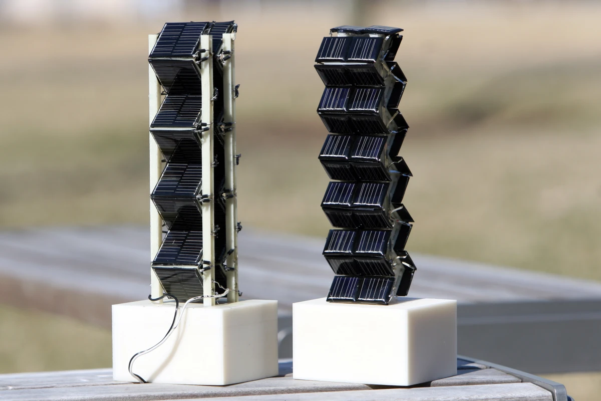 Two small-scale versions of three-dimensional photovoltaic arrays that were tested by MIT researchers (Photo: Allegra Boverman)