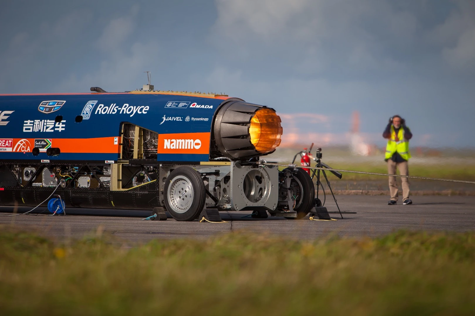 The car was initially fitted with a jet engine for this first run but an additional rocket is being developed to get it going even faster