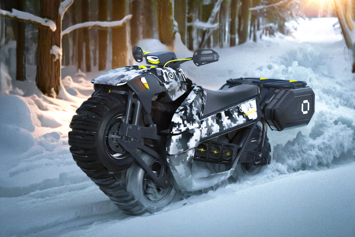 Oruga's renders of the Unitrack show the same motorcycle in a variety of different rugged environs, its intended natural habitat.