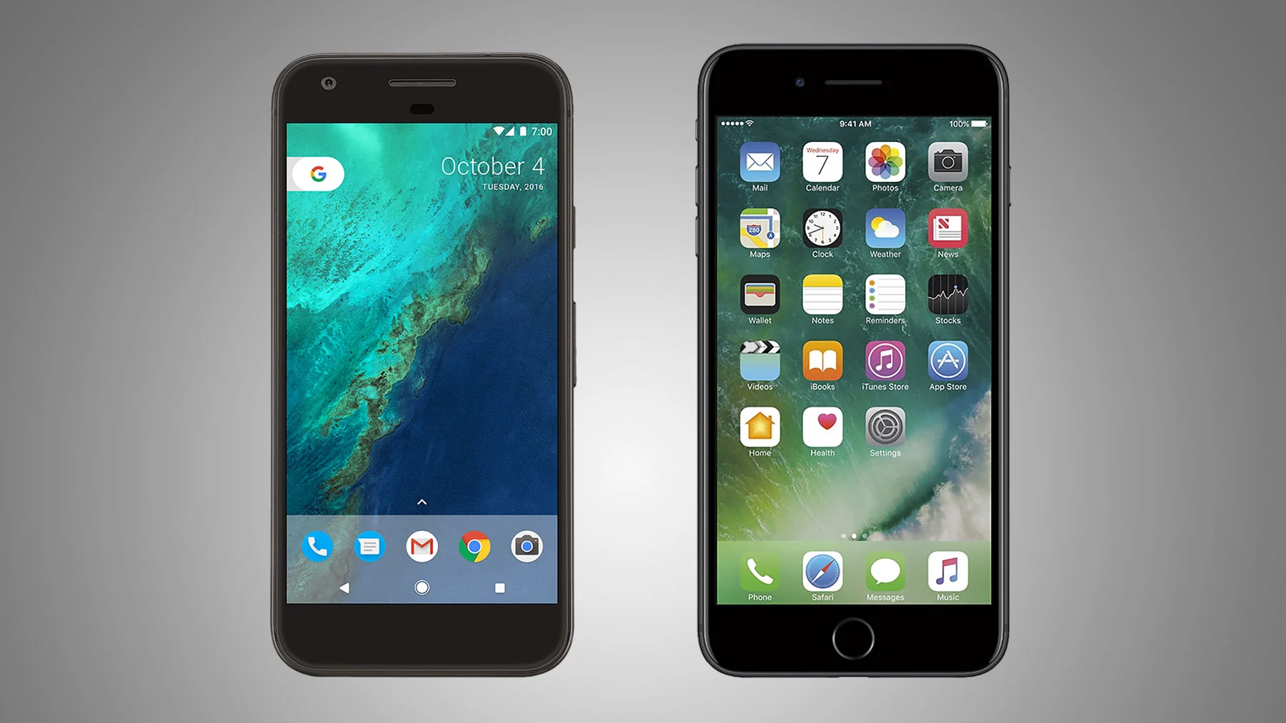 Side-by-side comparison of the Google Pixel XL and iPhone 7 Plus