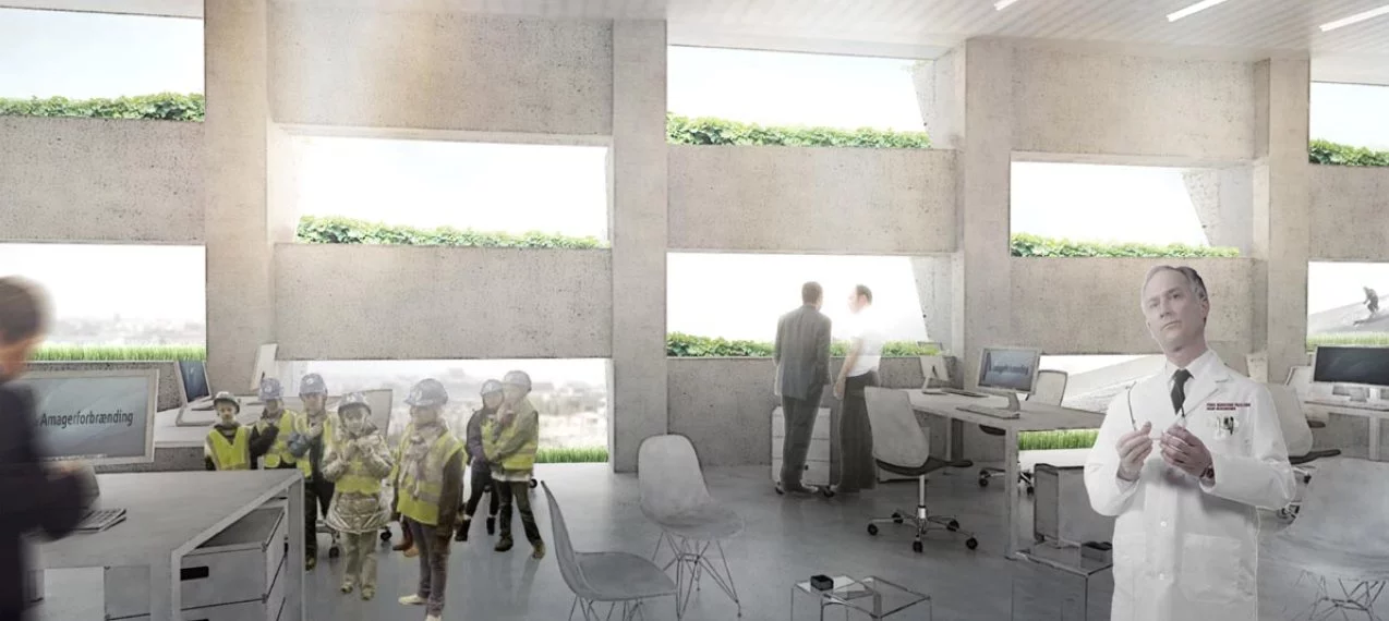 Green planting boxes dotted about the outer facade and visitors being shown around the inside of the power plant