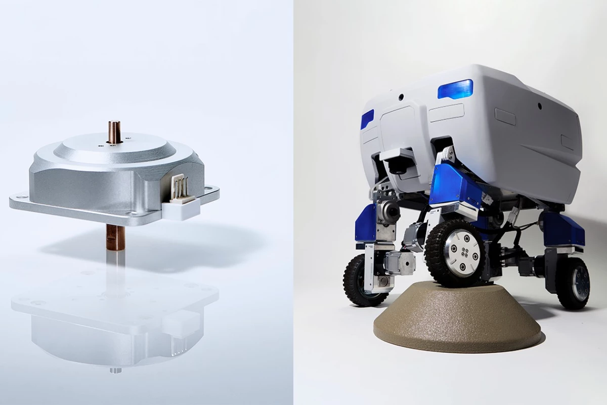 The Mighty delivery robot pictured alongside one of its piezoelectric motors, which allow it to stay in a given position without using any power