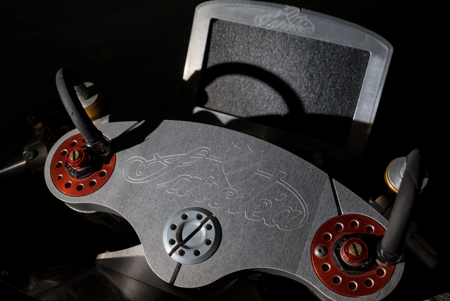 Saroléa's SP7 electric superbike: beautifully machined triple clamps and dash