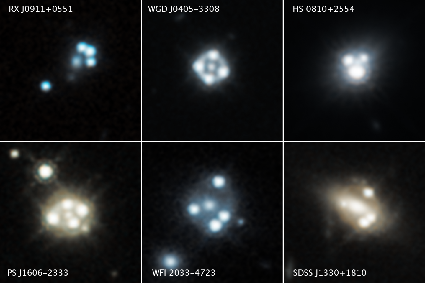The quasars are all distorted through gravitational lensing, appearing as four spots of light
