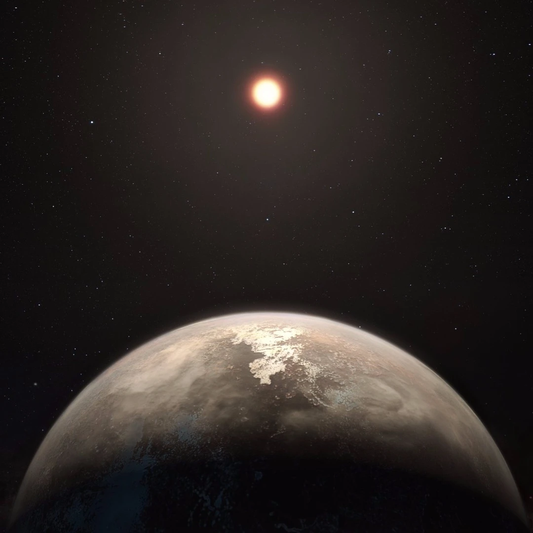Artist's impression of Ross 128 b, which was discovered orbiting a red dwarf star – the most common type of stellar body in the universe