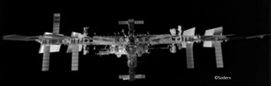 The international space station as imaged by the LIRIS sensor system aboard the Georges lemaitre (Image: Sodern)