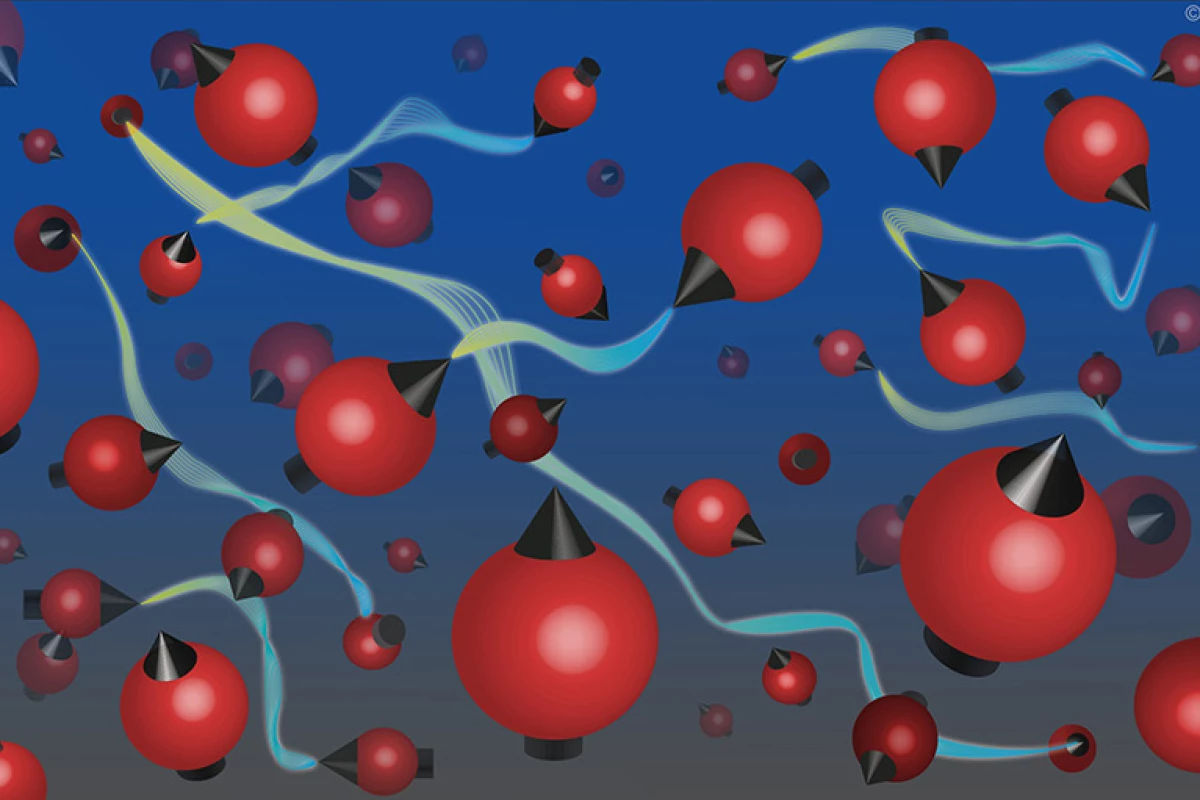 An artist's impression of a cloud of hot atoms with quantum entanglement links (yellow/blue lines) connecting them