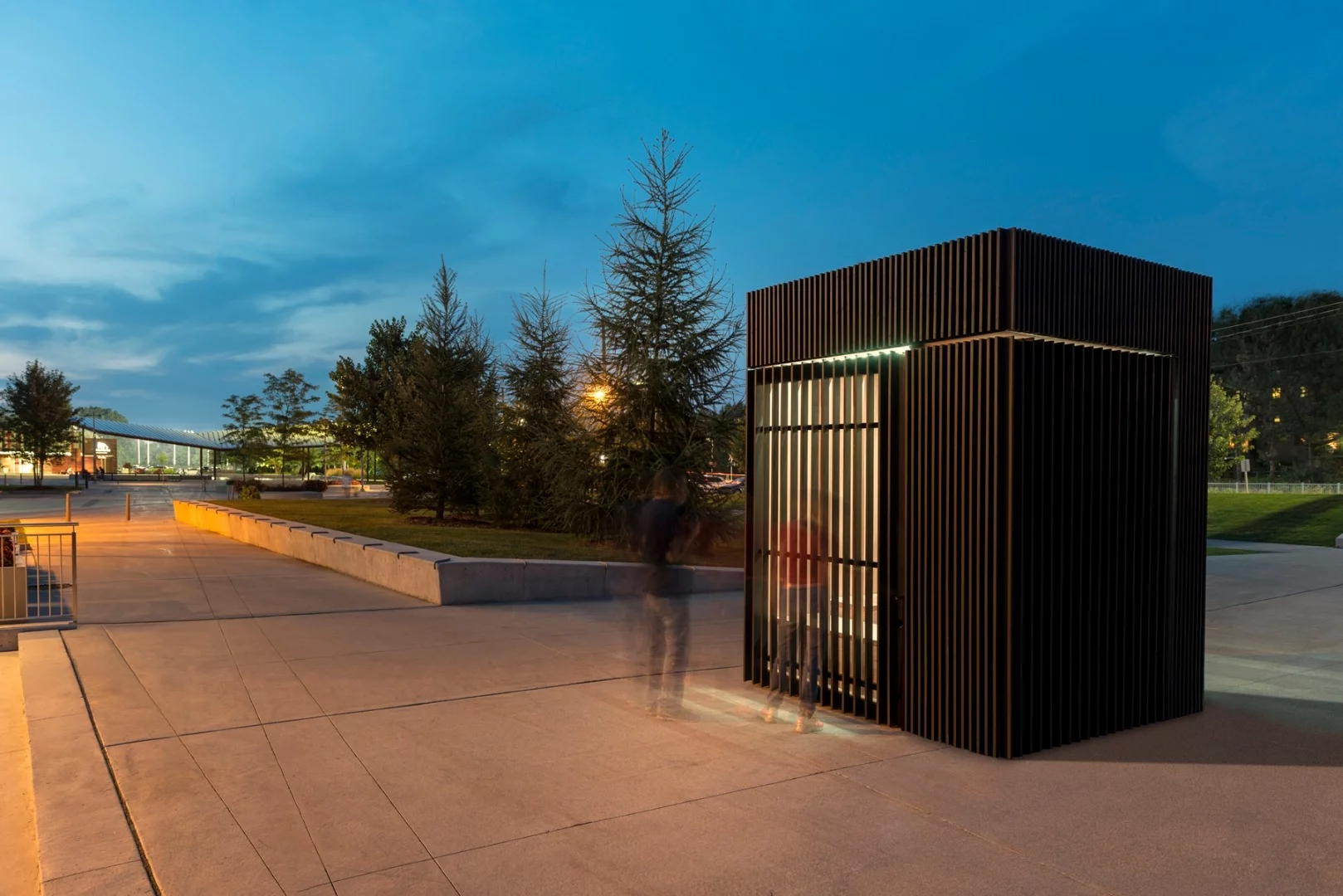 At night, the Story Pod is illuminated by LED lights that are powered by concealed solar panels