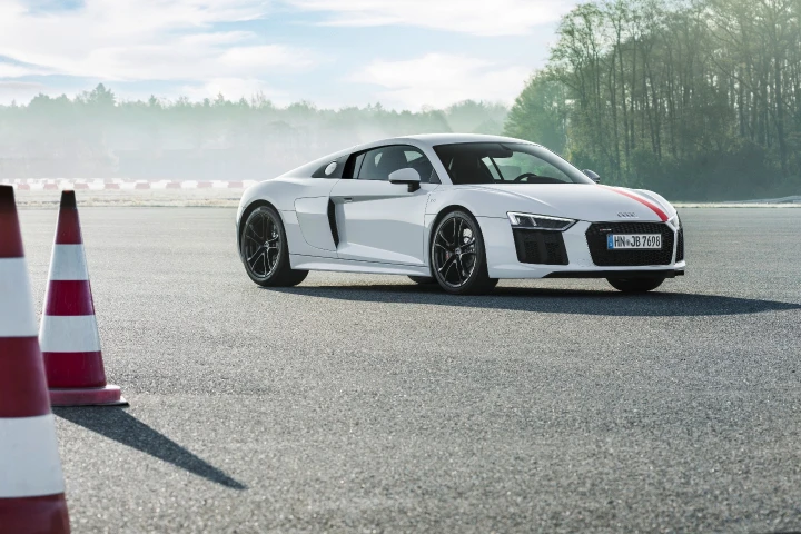 The Audi R8 V10 RWS: Flicking into Dynamic Mode loosens the grip of Stability Control for "controlled drifts," although the company says the system will still intervene if things get out of hand