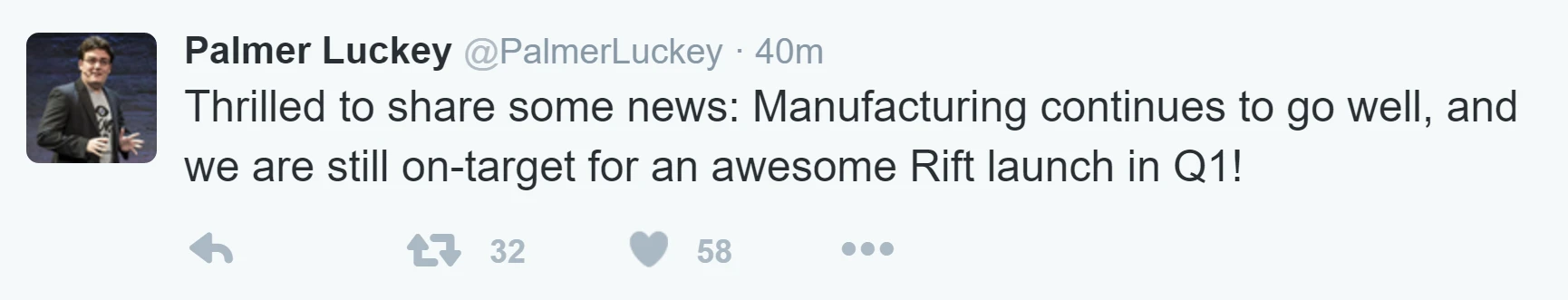 Palmer Luckey confirming that the Rift is still on track for its release window