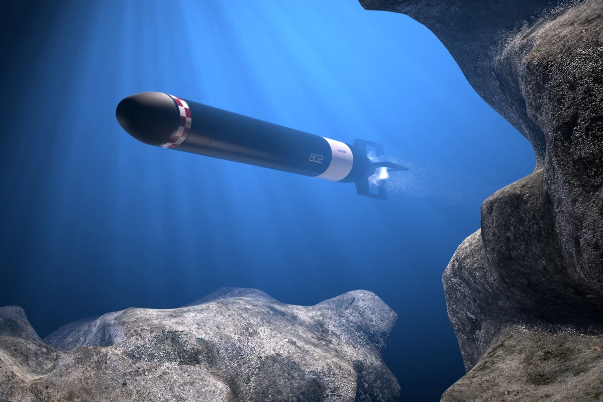 Rendering of a torpedo. The new cross-media boron missile under development by China would offer supersonic speed and range in the air, and supercavitating approach speeds underwater, for devastating anti-ship capabilities.