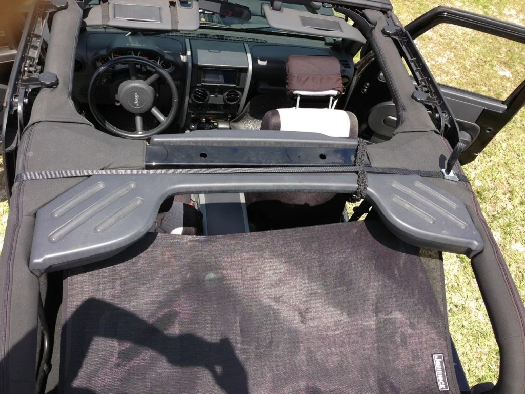 The Jammock can install on the rear of a Wrangler