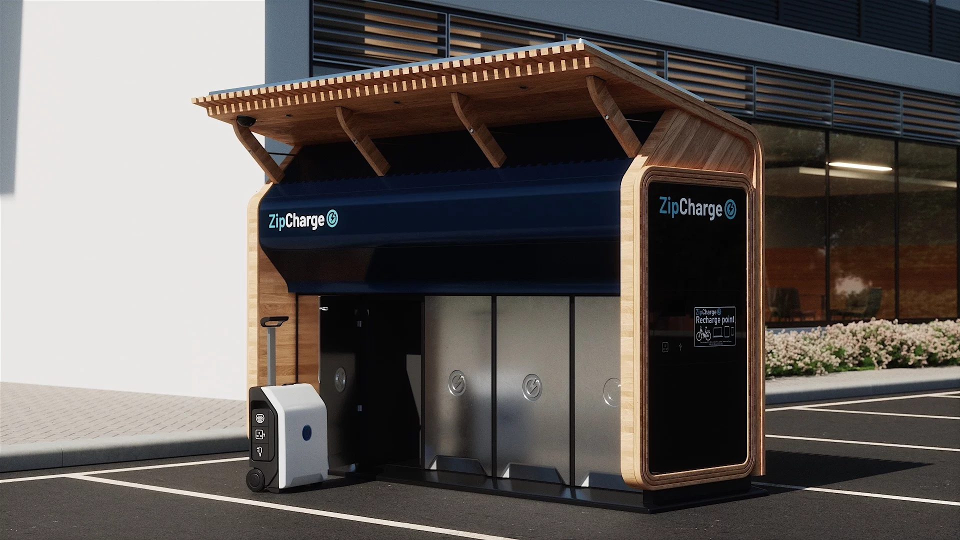 The ZipCharge GoHub module is designed to host five or 10 Go EV powerbanks, and will fit in a standard parking space at the shopping mall, community space or business park