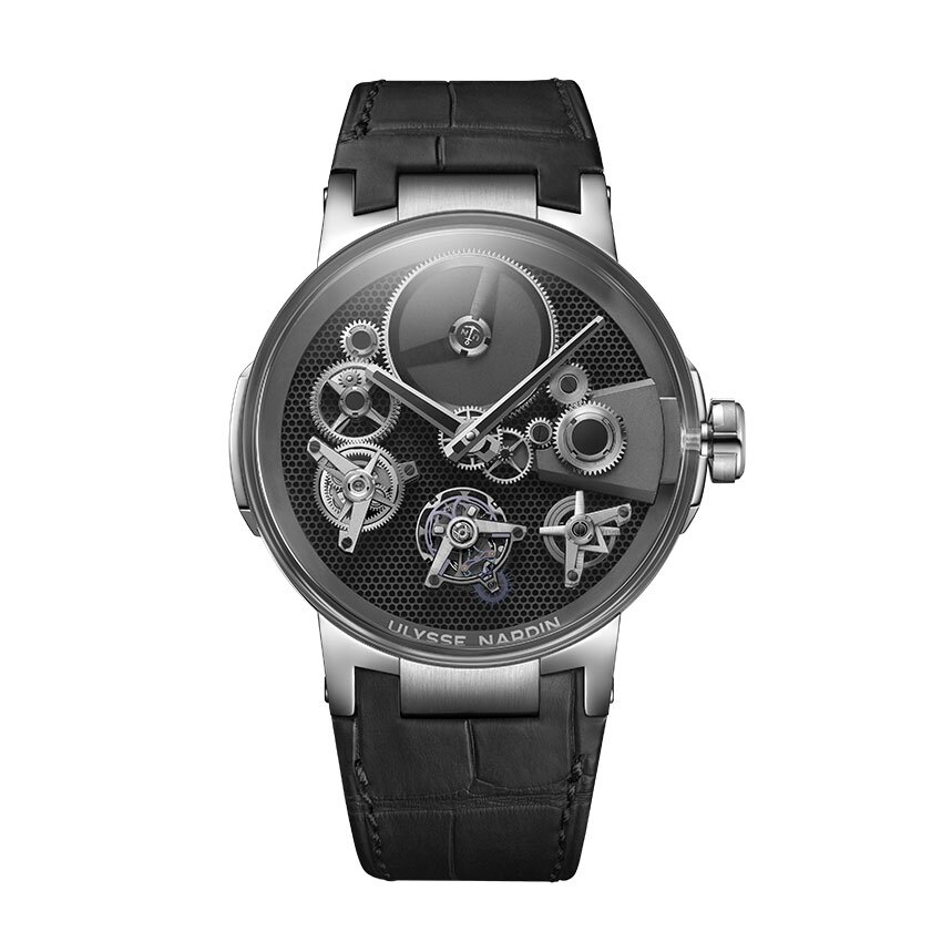 The Ulysses Nardin Executive Tourbillon Free Wheel is a available in white and rose gold