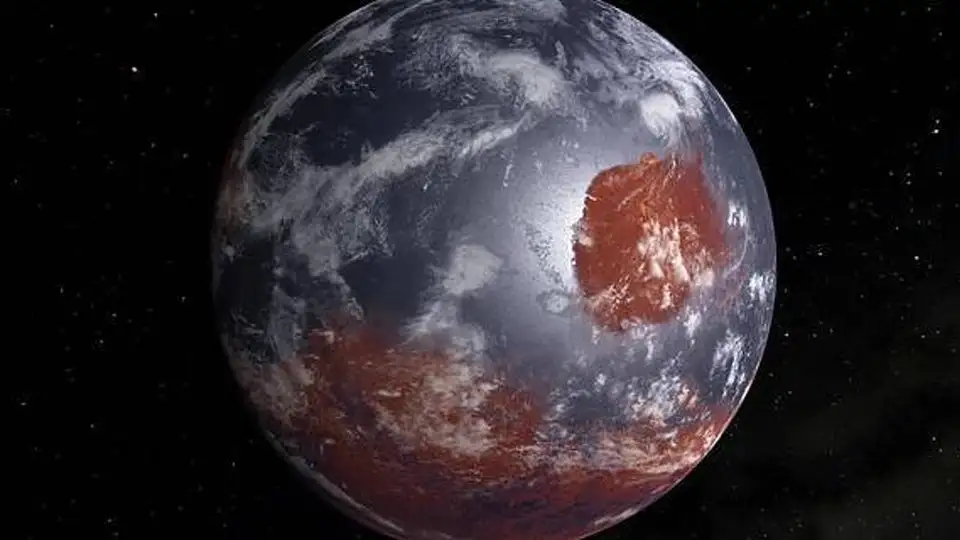 Artist's concept of Mars as it may have looked billions of years ago with an atmosphere and ocean