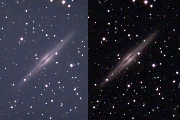 An image of the NGC 891 galaxy snapped by a Unistellar telescope, before Deep Dark Technology is employed (left) and after (right)