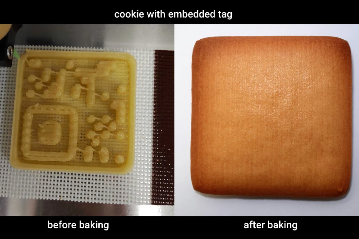 A 3D-printed edible QR code (left), and the finished cookie that contains it