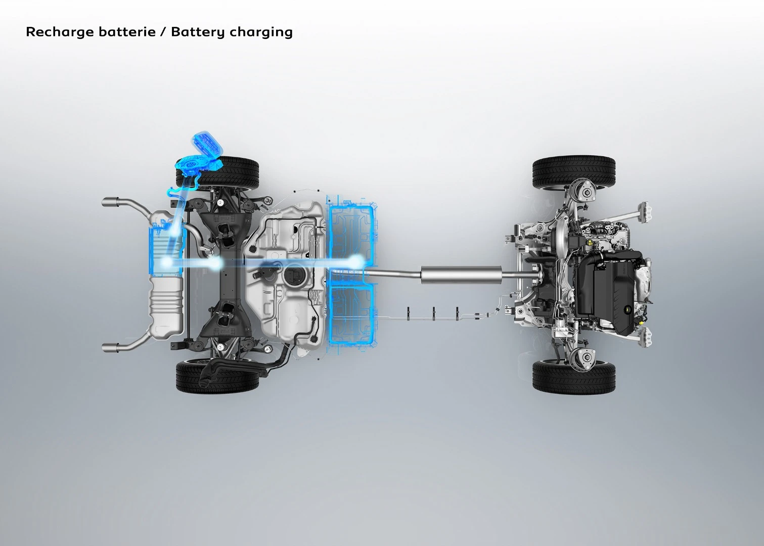 When plugged in, the Peugeot Hybrid charges the batteries from the charging port
