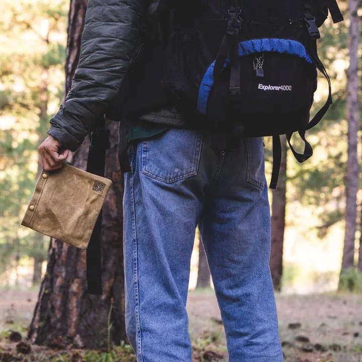 The BruTrek Collapsible Pour Over can be slid into its carry pouch for easy transport
