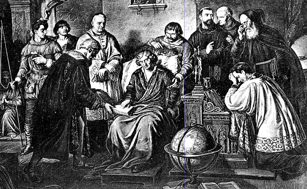 De revolutionibus orbium coelestium (On the revolutions of the heavenly spheres), by Nicolaus Copernicus was finally published in 1543, though its core was written at least three decades prior, and Copernicus resisted publication, finally handed one of the first printed copies on his death bed (as the above quite famous illustration depicts). He was thus spared the fury of the Catholic Church which regarded his heliocentric views as heresy. A century later, Galileo Galilei experienced persecution for promoting the same ideas, spending the last 25 years of his life under house arrest. In his lifetime Copernicus would never grasp the importance of his work, or that the book he resisted publishing would be forever recognized as a landmark event in the history of science.