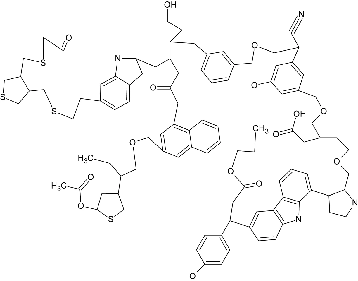 A schematic of the typical structure of organic matter in the Universe containing a mixture of ring-like (aromatic) and chain-like (aliphatic) chemical sites and containing about 100 carbon atoms