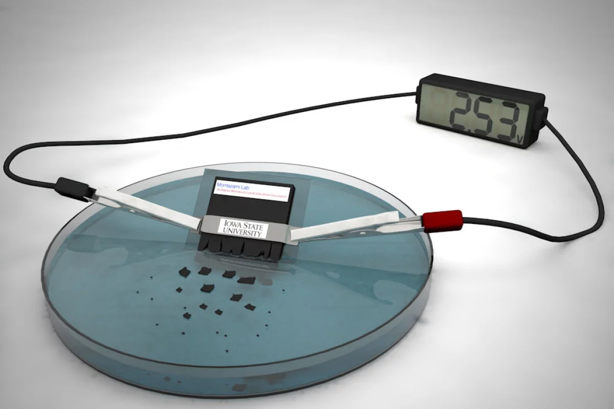 The battery can power a desktop calculator for approximately 15 minutes, but also dissolves within about half an hour once immersed in water