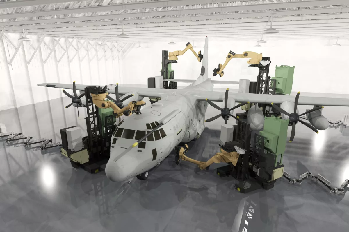 Team of robots decoating a cargo plane