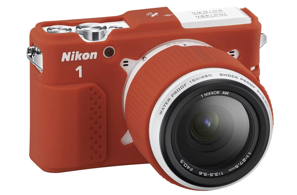 The optional camera and lens skins for the Nikon 1 AW1 will be available in orange, black or green
