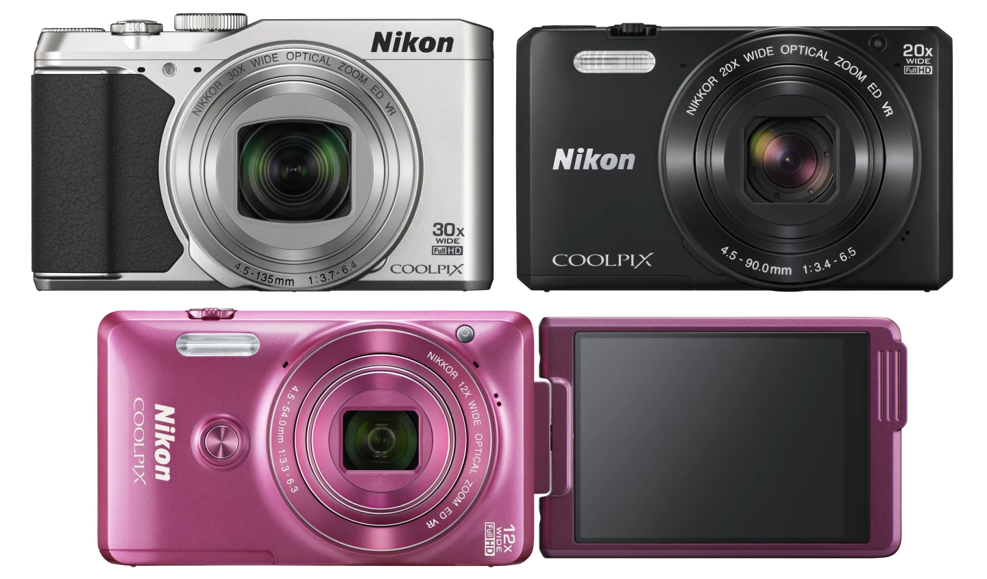 The Nikon Coolpix S9900 (top left), Nikon Coolpix SF7000 (top right) and Nikon Coolpix S6900 (bottom)