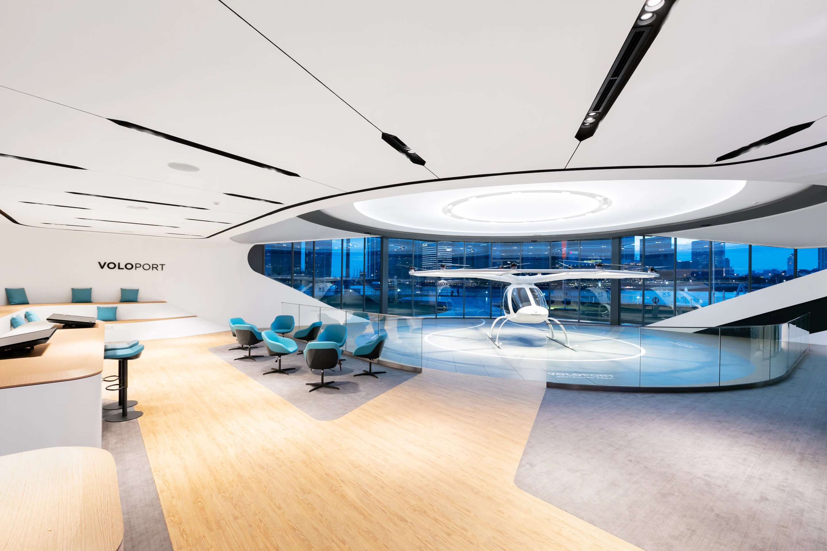 A stationary Volocopter is the centerpiece of the prototype VoloPort